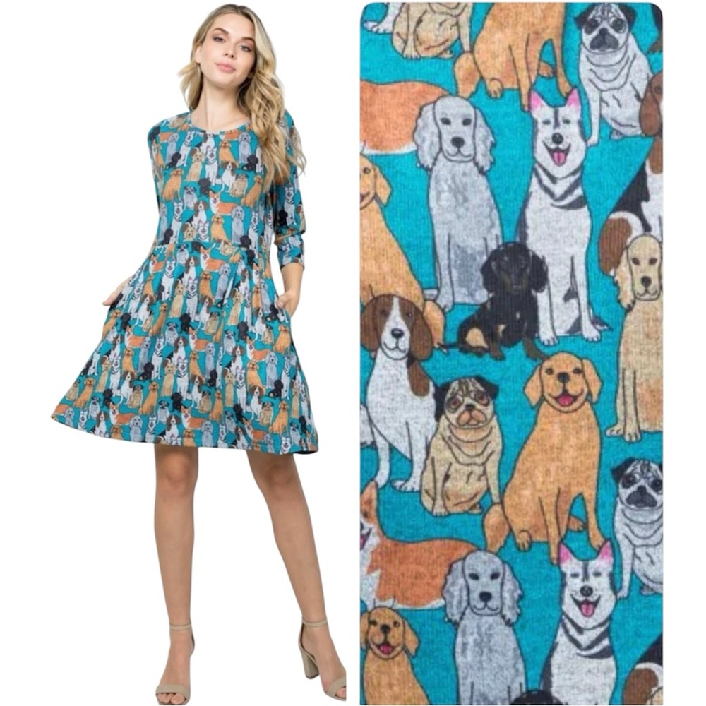 Dogs Print 3/4 Sleeves Sweater Dress With Pockets